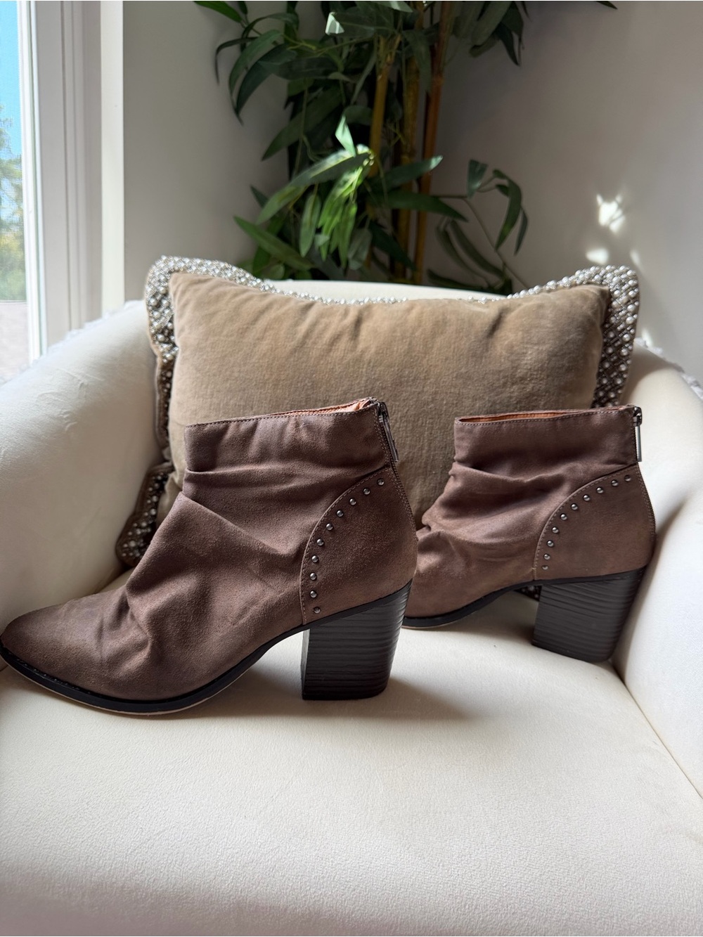 Suede Brown Ankle Booties with Stud Accent